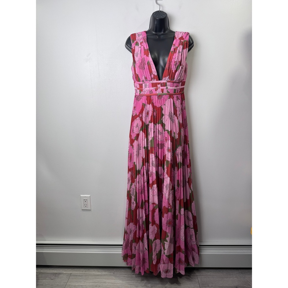AMUR Dua Deep V Pleat Pink Floral Pleated V-Neck Maxi Dress Chic Summer Size 2